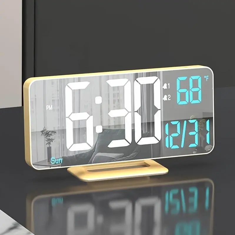 1pc Komugi 6.7" Golden Digital Alarm Clock - Dual Alarm, Dimmable LED Display, Temperature/Date/Day of Week, USB-Powered Modern Desk Clock for Bedside, Office (No Hygrometer, LCD Screen)