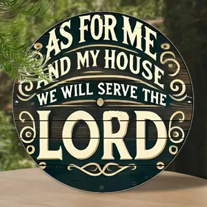 8x8 in Round Aluminum Alloy Wall Sign - Rustic Farmhouse Design Home Decoration with "As for Me and My House We Will Serve the Lord" Inspirational Quote, Vintage Plaque Decor for Living Room, Room Decor, No Electricity Needed Accent Piece