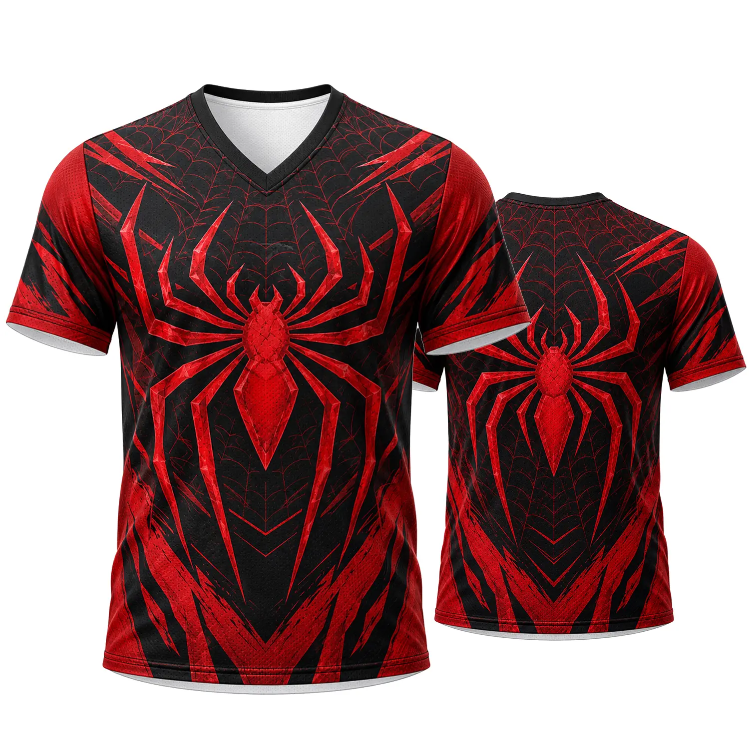 Red Spider Web Graphic V-Neck Athletic Shirt, Men Women Black Red Arachnid Sports Jersey, Gothic Web Print Short Sleeve Top, Streetwear, Size S-5XL
