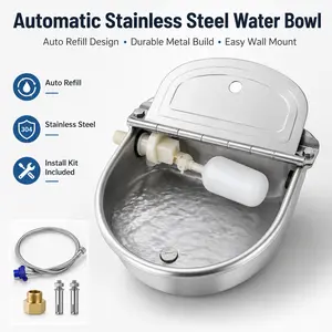 Automatic Livestock Water Bowl, Stainless Steel Float Valve Waterer with Drain, 2.5L Auto Refill Bowl for Horses, Goats, Dogs & Farm Animals