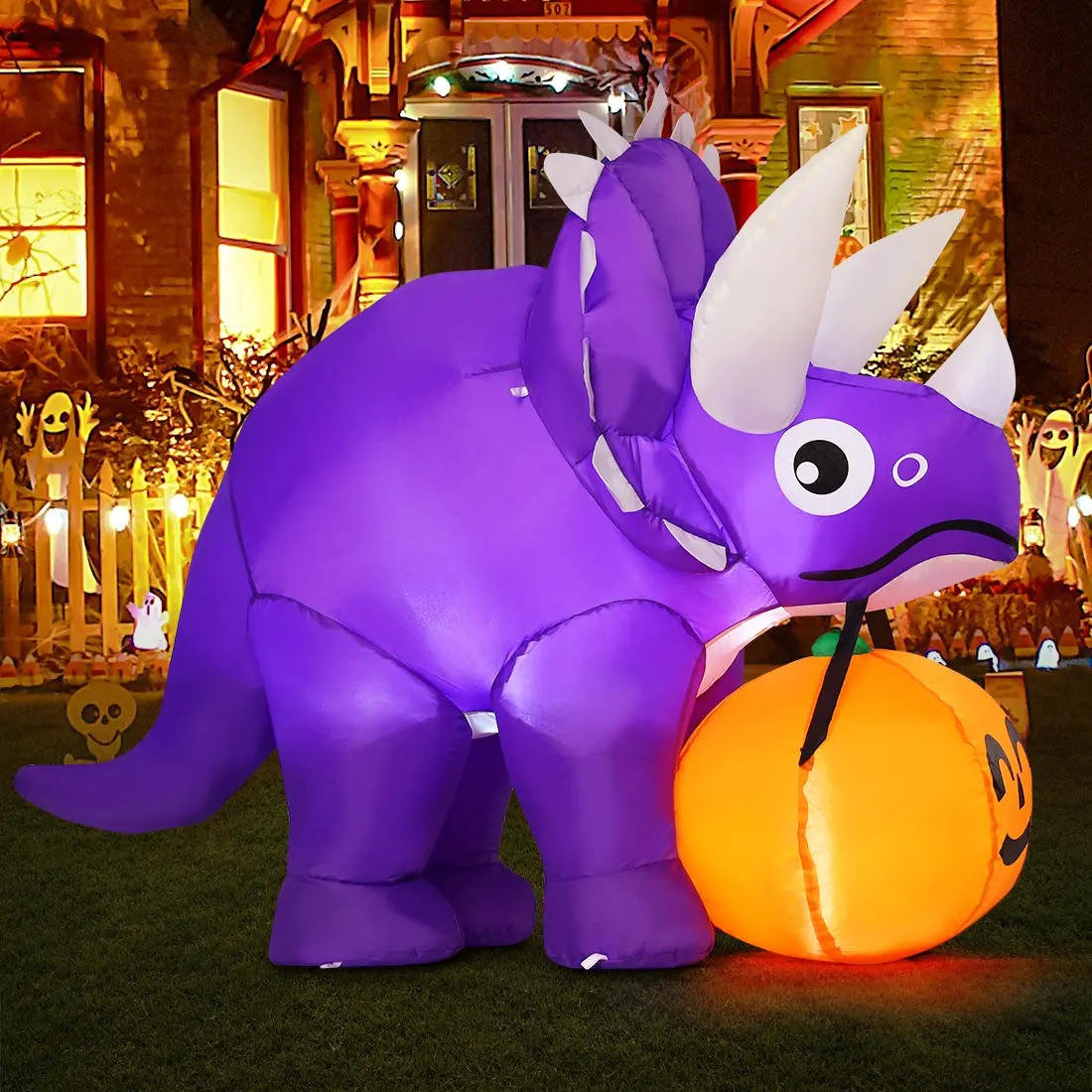 GOOSH 5 FT Width Halloween Inflatables Dinosaur Outdoor Decorations Blow Up Yard Dinosaur with Pumpkin with Built-in LEDs for Garden Lawn Indoor Party Decor