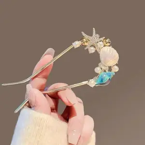 U-Shaped Blue Conch Hair Forks for Women Metal Shell Pearl Starfish Hair Sticks Ocean Style Beach Vacation Hair Accessories