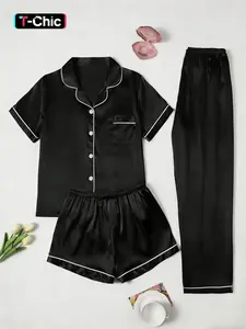 Silk 3-Piece Set with Satin Finish, Summer Short Sleeve Top and Shorts with Button, Fitted Casual Women's Pajama and Loungewear