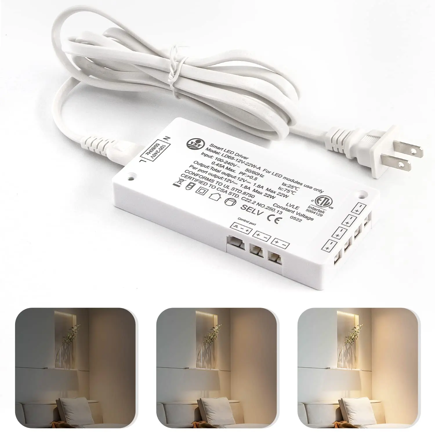 VST 12V 22W Metal LED Power Supply - 100V-240V AC to DC Low Voltage Transformer, ETL Listed White Control Unit with 3Pin Wired Switches, 12V JST Ports for LED Strip, Under Cabinet Lights, Worry-Free After-Sales Service, Offline Support