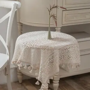 1pc Geometric Lace Tablecloth with Fringe, Square Cutout Design, Ideal for Cabinets, Dining Tables, and Tea Tables
