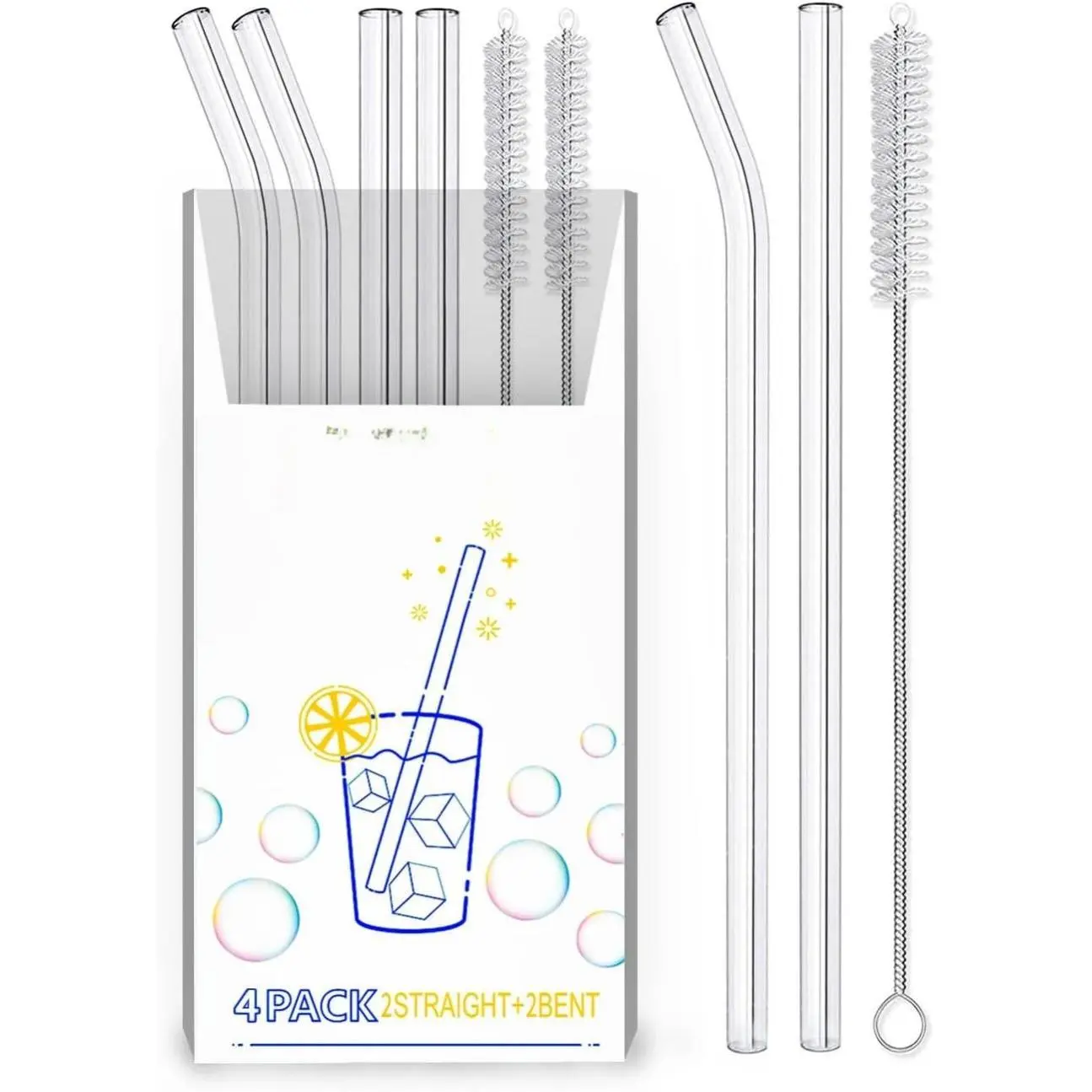 4-Pack Reusable Glass Straw, Size 8.5''x10 MM,Including 2 Straight and 2 Bent with 2 Cleaning Brush- Perfect For Smoothies, Tea, Juice