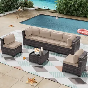 Outdoor Patio Furniture Set, 7 Pieces Outdoor Furniture All Weather Patio Sectional Sofa PE Wicker Modular Conversation Sets with Coffee Table,6 Chairs & Seat Clips Brown