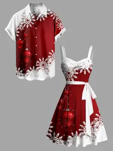 Women's Christmas Sweetheart Neck Snowflake Bell Contrast Print Dress and Men's Roll Up Sleeve Shirt Outfit
