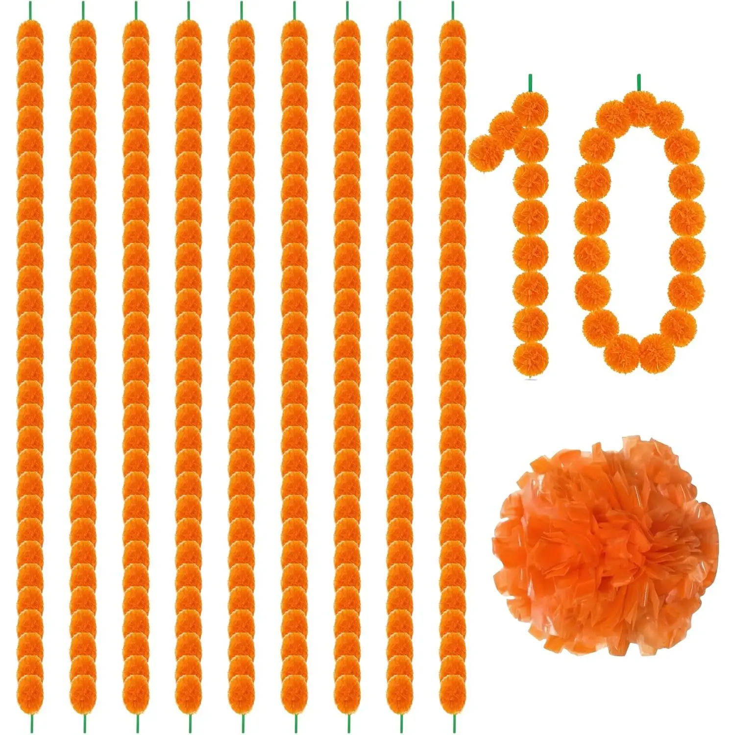 DJMUMU 10pcs 5 Feet Orange Marigold Garland, Fake Flower Garland for Diwali Decorations, Día de Los Muertos, Pooja, Mehndi, Wedding, Sturdy & Reusable Floral Decor