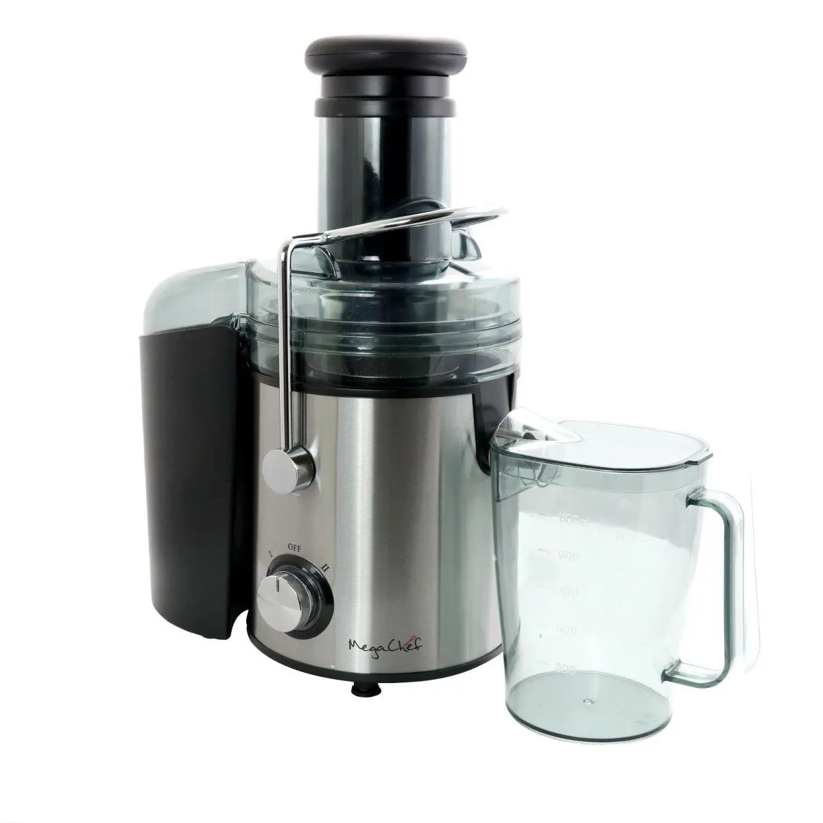 Megachef Stainless Steel Centrifugal Juicer - 800W Dual-Speed Motor, 10 lbs Fruit Capacity, 3.5-Cup Juice Jug, 4-Cup Pulp Container, Dishwasher Safe, Safety Lock for Household Kitchen Use, Nutrient-Rich Juice Extraction