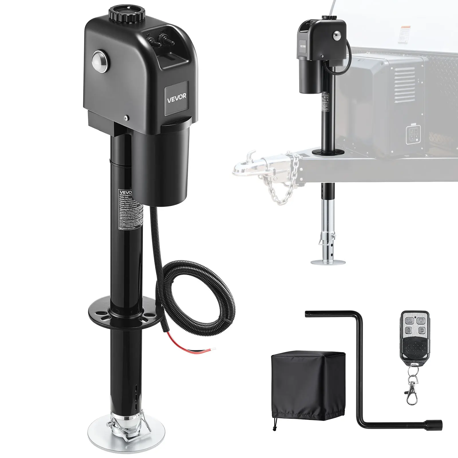 VEVOR 7500lb 12V DC Electric Trailer Tongue Jack, Pre-Wired Set with Coated Tubes, Waterproof Protective Cover, LED Light, 9.84-27.84in Lift, 90° Rotating Base Holes, All-Around Protection for Travel Trailer, Camper, Black