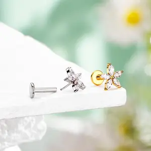 Oufer 16G Flower Motif Threadless-Push Pin Flat Back Ashley Cartilage Stud Earring, Female Rhinestone-Accented Costume Jewelry, Jewelry for Women