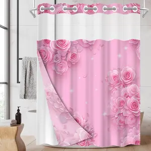 1pc hookless shower curtain with buckle lining, spring pink rose design, 2D flat printing, fabric waterproof lining, see-through double-layer shower curtain, 71 x 74 inches, modern home draping curtain, Bathroom Curtain