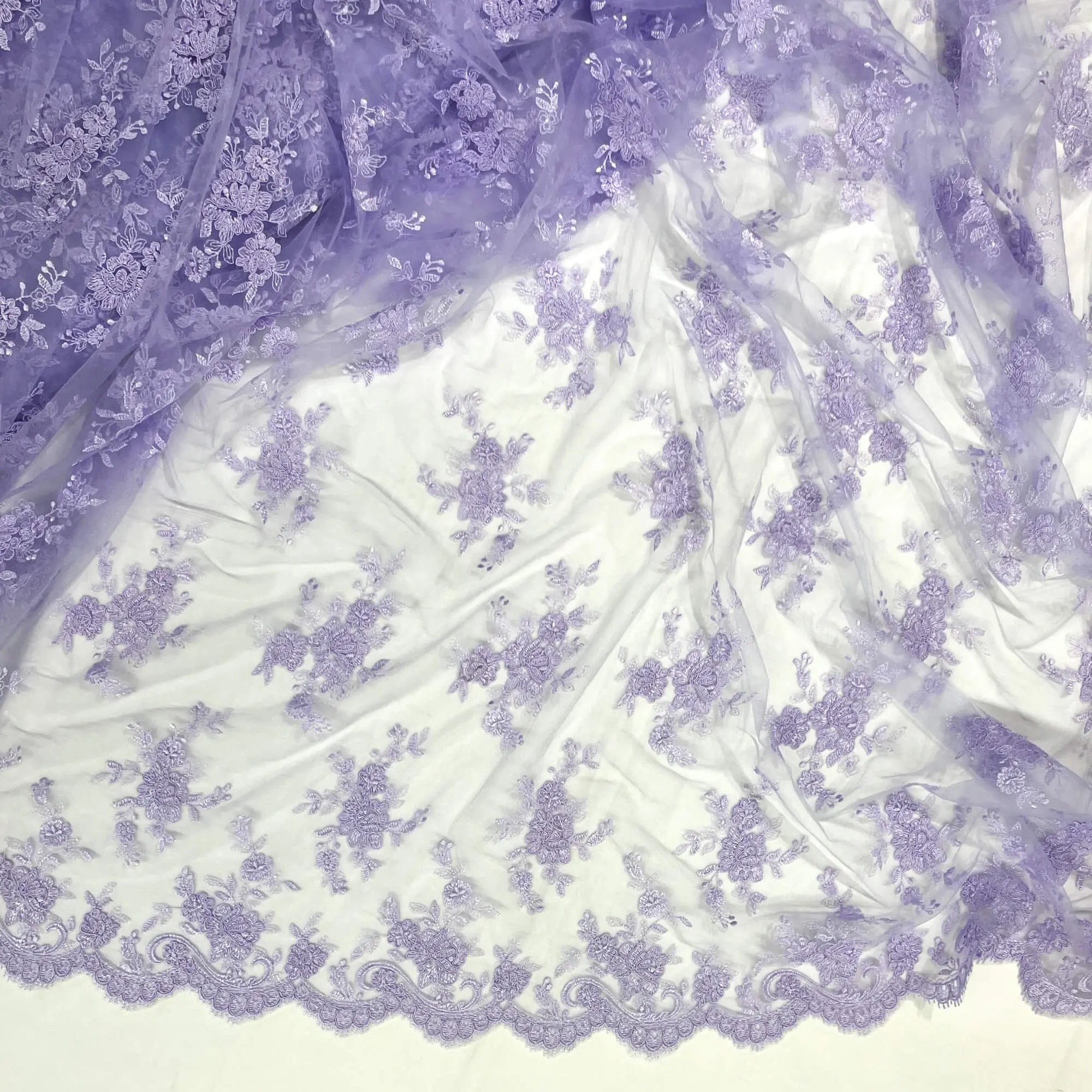 Romantic Corded Bridal Lace Fabric, Embroidered on 100% Polyester Net Mesh - Lace USA-96517W, Romantic Lace