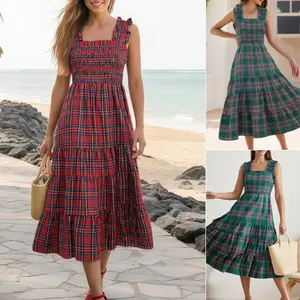 Women Sleeveless Dress, Summer Casual Plaid Print Ruffled A-Line Party Dress for Beach Club Streetwear, Ladies Clothes for Daily Wear