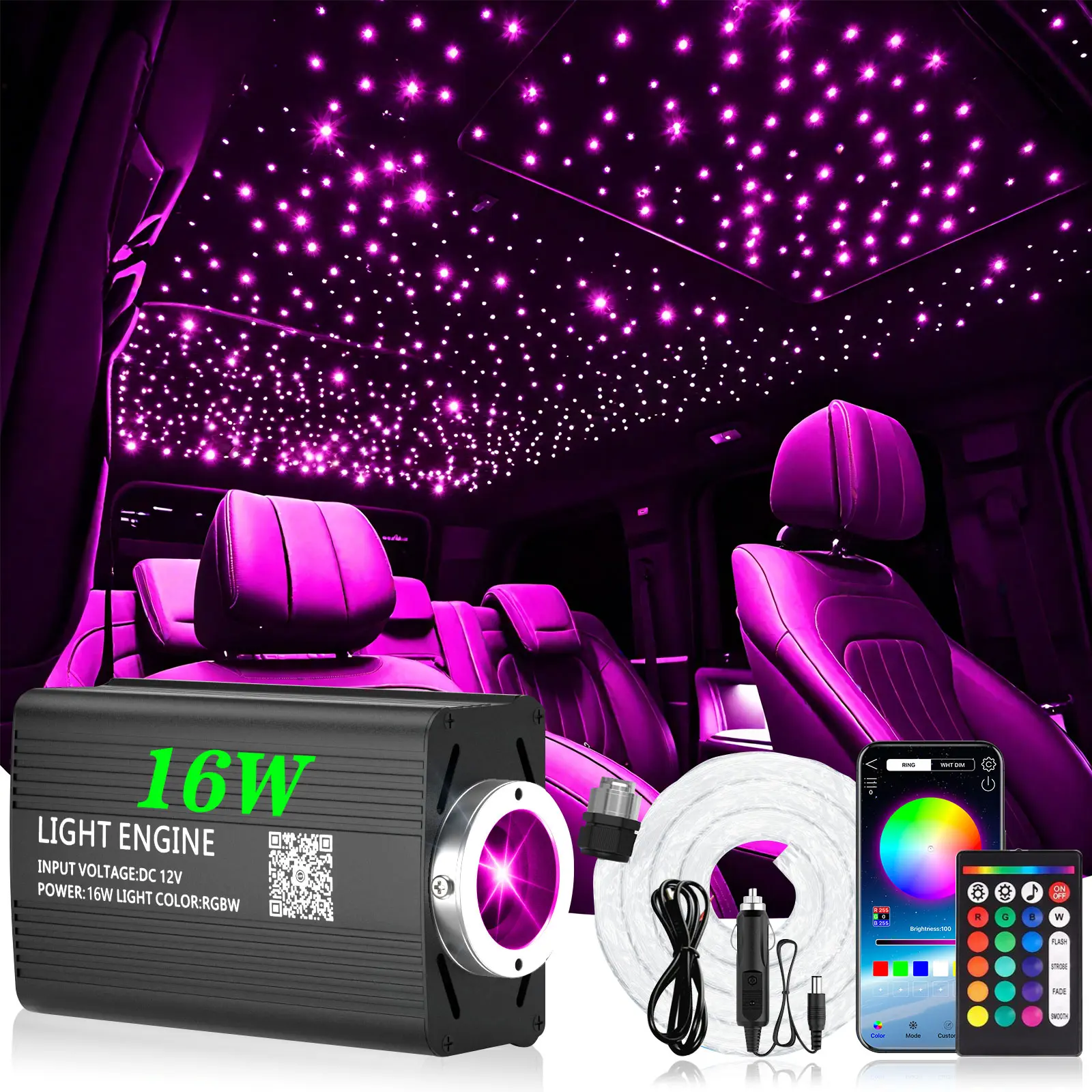 Starlight Headliner Kit, 16W Starry 300pcs/500pcs /800pcs/1000pcs 0.02in/0.03in 6.8ft/9.8ft Starlight Car Roof, Compact Size Fiber Optic Star Lights for Car Roof with APP/ Remote Control, Only Fits For 12V Led Roof,Dealsforyoudays