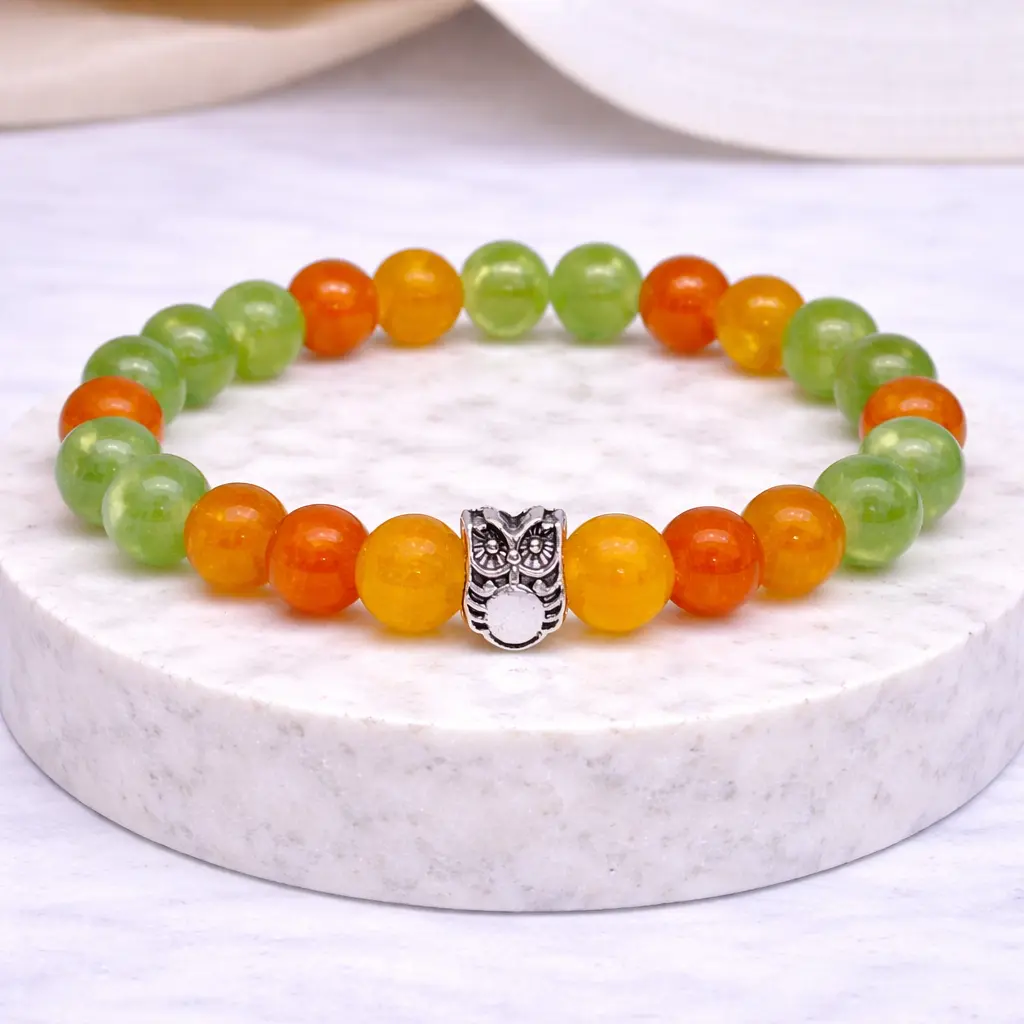 Orange Agate and Green Peridot Stone Owl Charm Bracelet 8mm Natural Crystal Beads for Vitality and Prosperity Handmade Healing Energy Jewelry