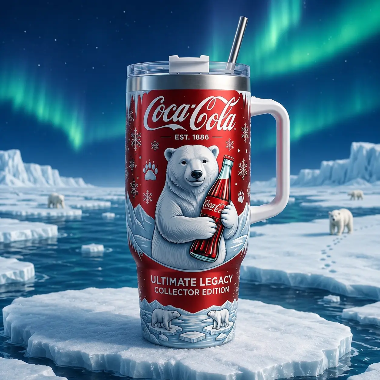 Coke Ultimate Legacy Polar Bear 40oz Insulated Tumbler With Handle & Straw, 1886–2026 Collector Edition Stainless Steel Travel Mug, Vintage Arctic Bear Graphic Cup, Retro Soda Lover Gift, Limited Editi