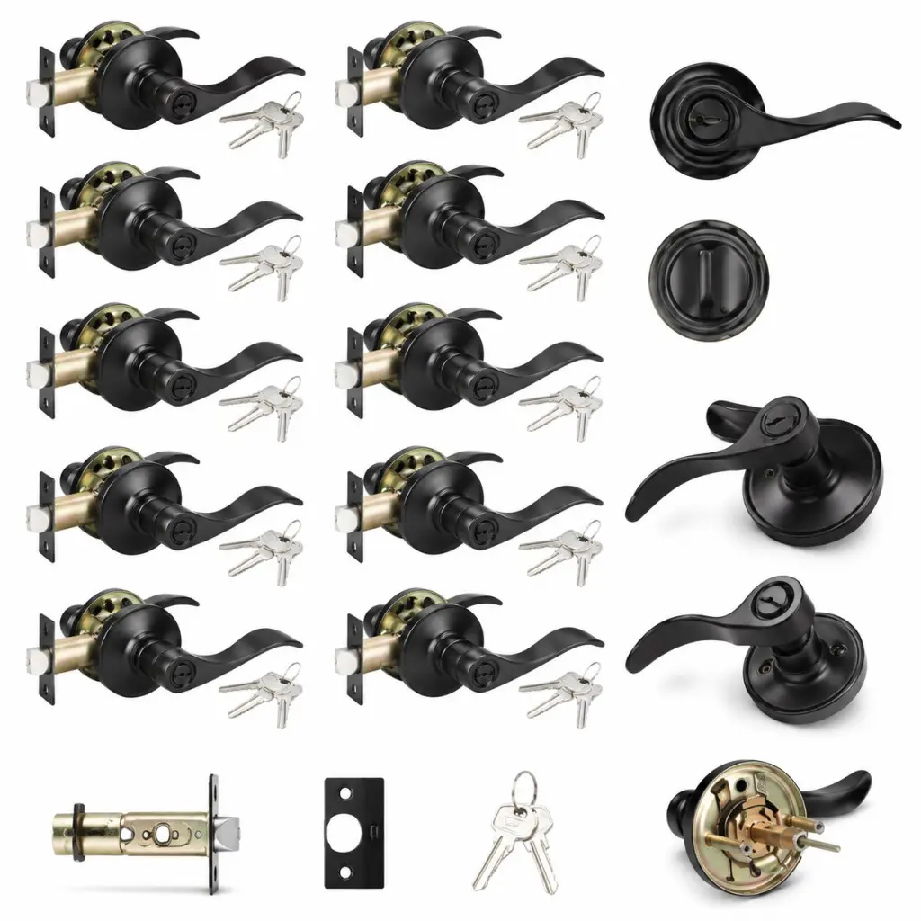 10 Pack Door Handles Interior Door Knobs, Door Locks for Bedrooms Matte Black Privacy Door Knob with Lock, Heavy Duty Zinc Alloy Door Leverset Reversible for Left & Right Handled Doors
