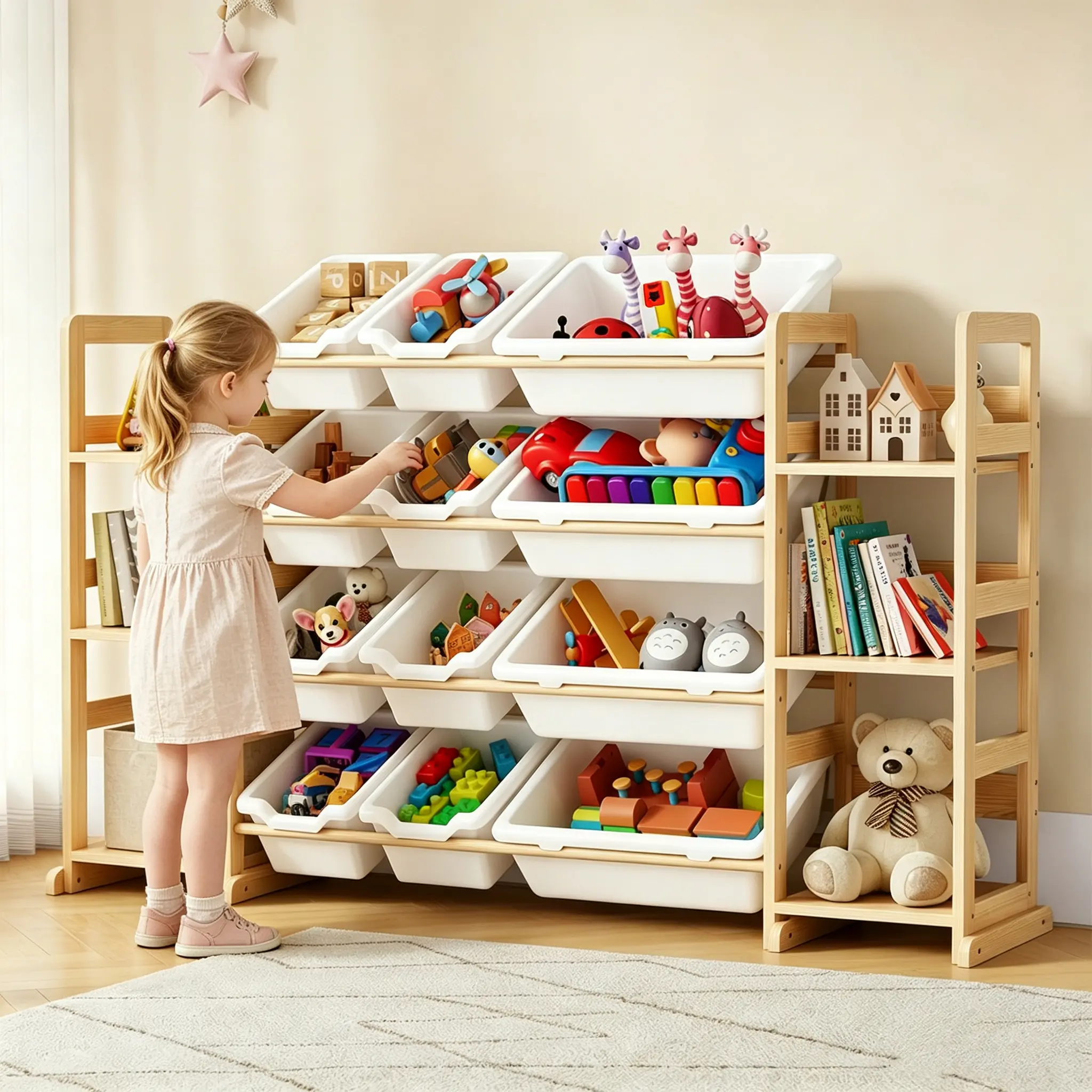 Kids Toy Storage Organizer with 6 Shelves & 12 Removable Bins, 52.3" Wide Toy Bookcase Storage Shelf for Playroom Bedroom Decor