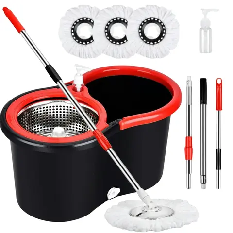 Spin Mop Bucket with Wringer Set, Operable 360 ° Rotating Mop Bucket Set, with 3 Microfiber Replacement Head ,Stainless Steel Mop Bucket 61 Inch Adjustable Handle Household Cleaning Tools Black Plastic