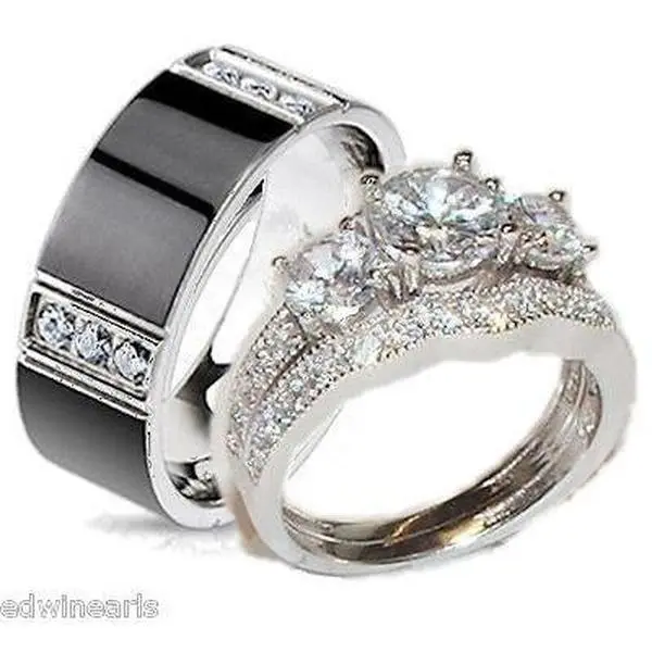 His & Hers CZ Couple Rings Set - Sterling Silver & Titanium Bridal Engagement Rings, Bridal Rings