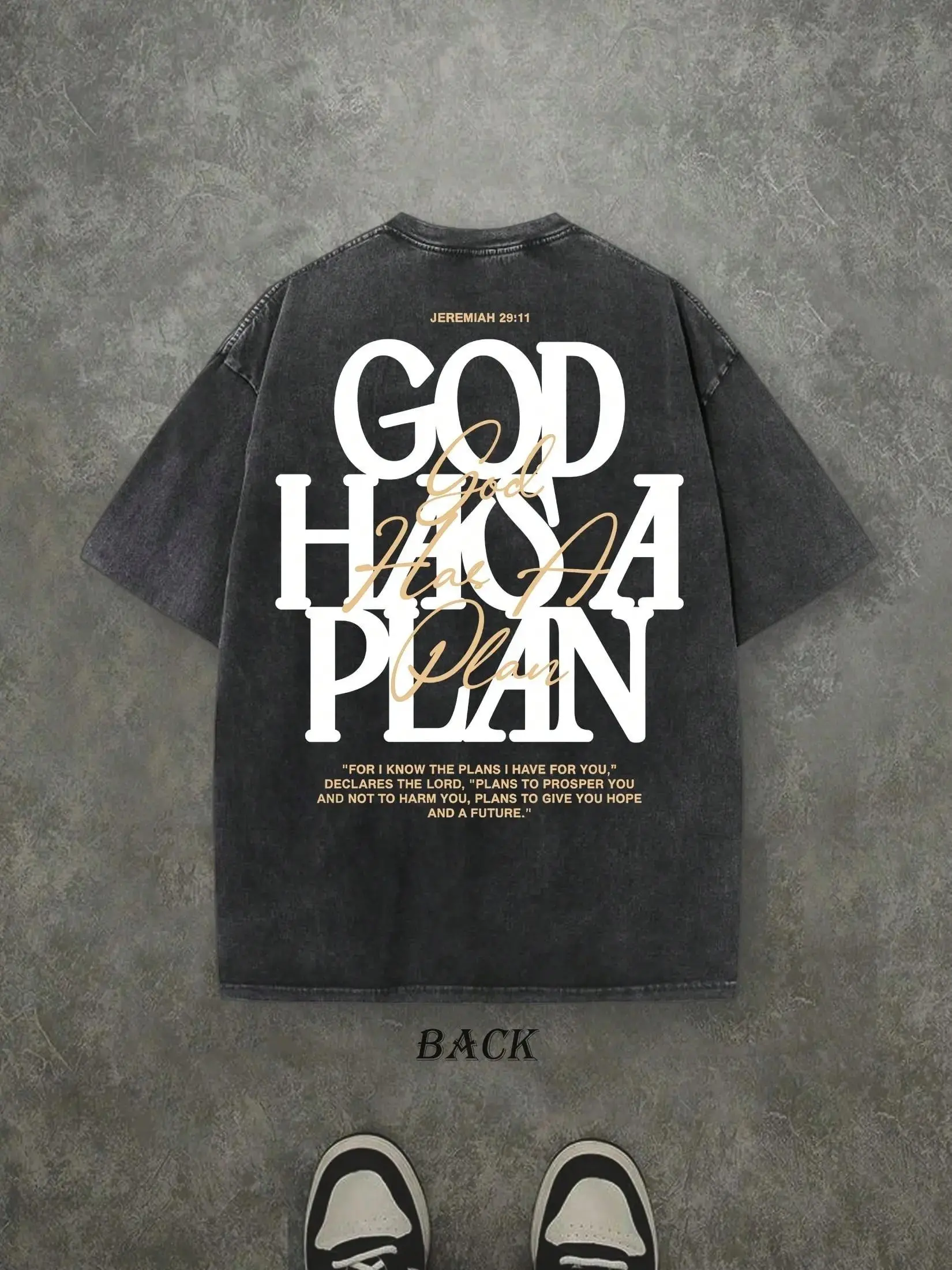 Baggy Menswear Tshirt in 230gsm Heavyweight Cotton, Vintage Washed Christian Streetwear with Double-Sided God Has a Plan Graphic Print, Loose