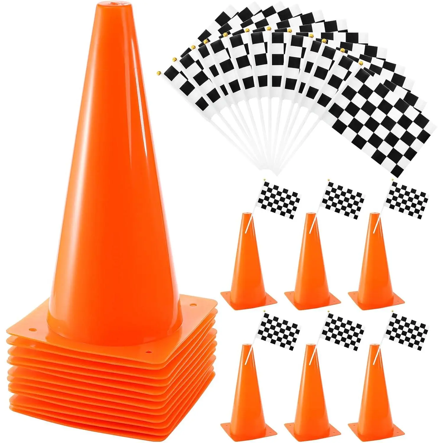 12 Pack 12 Inch Plastic Traffic Cones with Racing Chequered Flags, Orange Agility  Cones, Thick Soccer  Cones for Outdoor Activity, Festive Events, Fitness