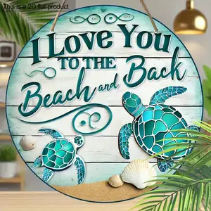 Turtle & Shell Pattern Wooden Hanging Sign, 1 Count I Love You To The Beach and Back Plaque Sign, Wall Decor for Home, Cafe, Restaurant, Office Decor