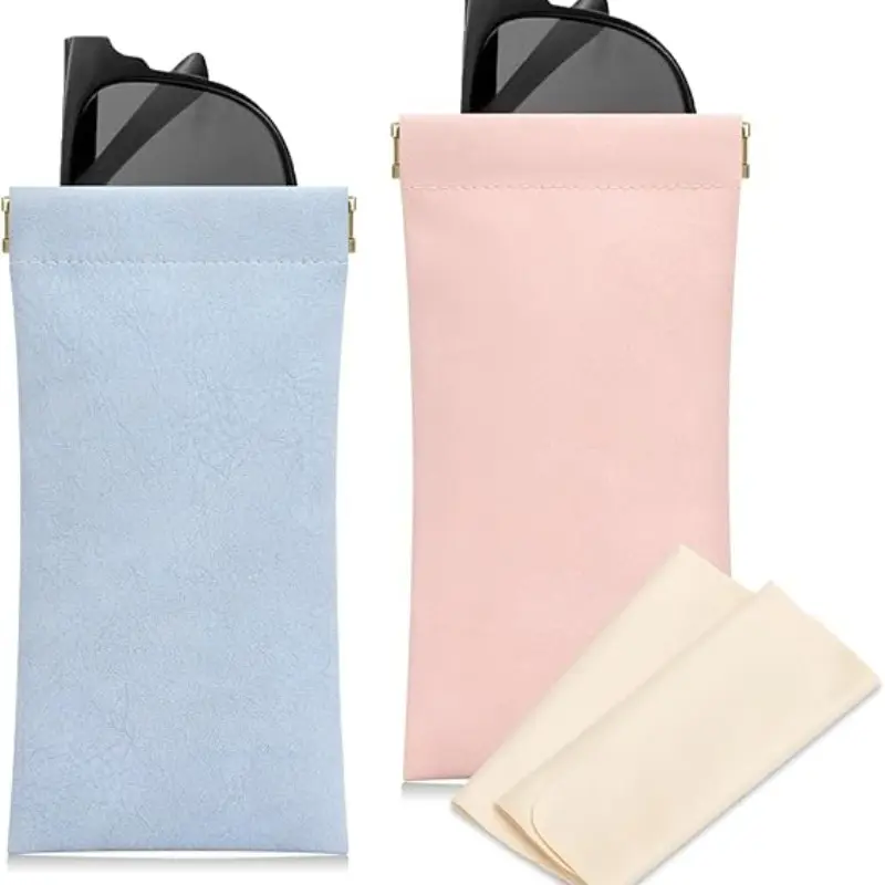 Women's Handheld Leather Sunglasses Case, 2-Piece Geometric Design, Casual Style, All Seasons, Plain Pattern, Batch Number 2025-7-24