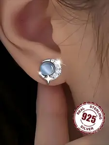 S925 Sterling Silver Earrings, Women's Moon and Star Studs in Silver Color, Hypoallergenic and Cute Design for Daily and Holiday Wear, Stud Earrings Jewelry