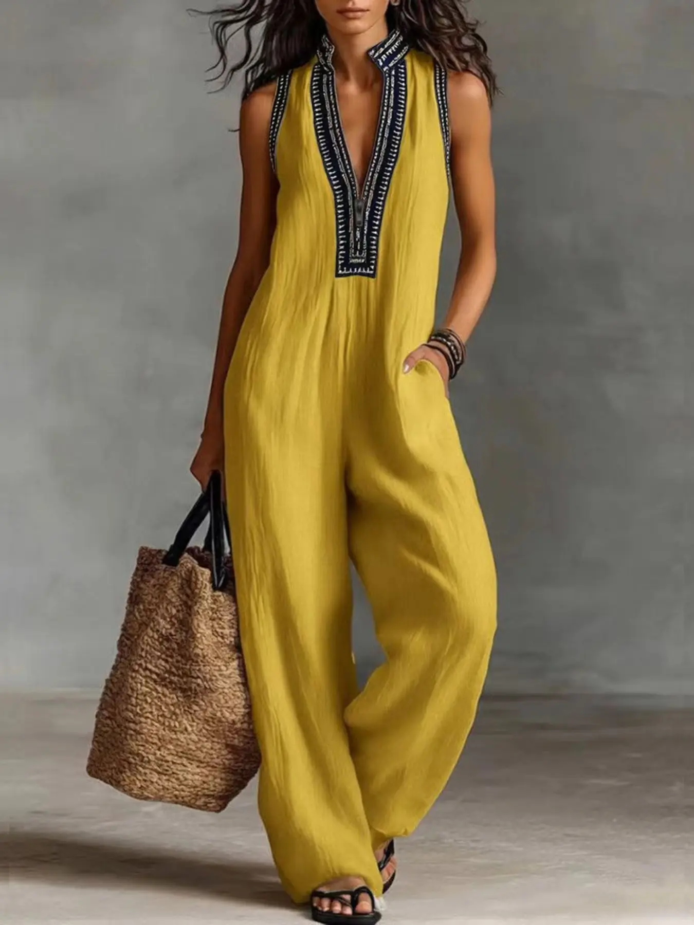 Women's Simple Sleeveless Embroidered Jumpsuit, Casual, Loose, High-Waist, New 2026 Summer Design, Zipper Closure & Stand Collar, Fashionable & Comfortable