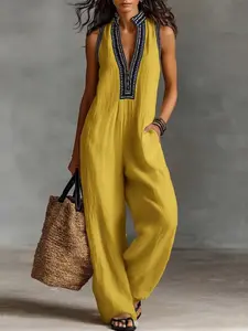Women's Simple Casual Sleeveless Embroidered Baggy Romper, High Waist, 2026 Summer New Design, Zipper and Stand Collar, Fashionable and Comfortable
