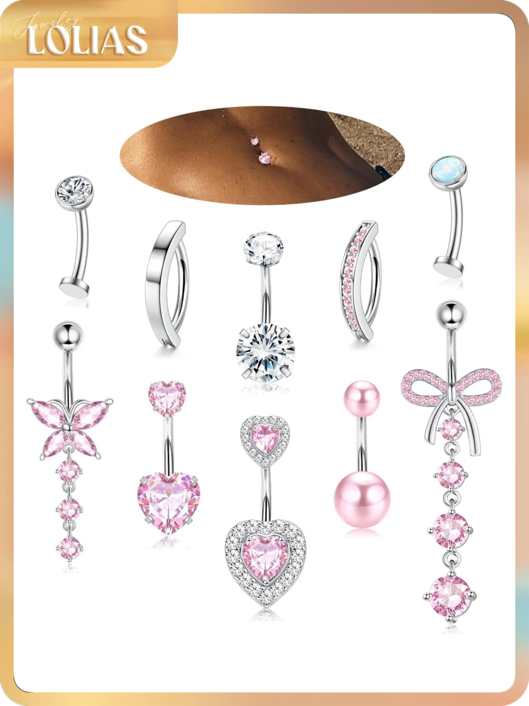 LOLIAS 10 Pcs 14G Surgical Stainless Steel Body Jewelry - 10mm Bar Female Belly Button Rings with AAA+ CZ Shine Beach Bow, Heart Opal Clicker, Butterfly Dangle Charm Floating Navel Piercing (Silver, Gold, Pink)