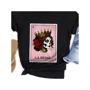 Men'S La Reina Loteria Mexican Lottery Card Design T-Shirt - Black with Pink & Golden Playing Card Art, Short Sleeve Round Neck Casual Shirt, Comfortable Casual Attire, Perfect Mother'S Day Gift for Men, Loteria Game Inspired Apparel