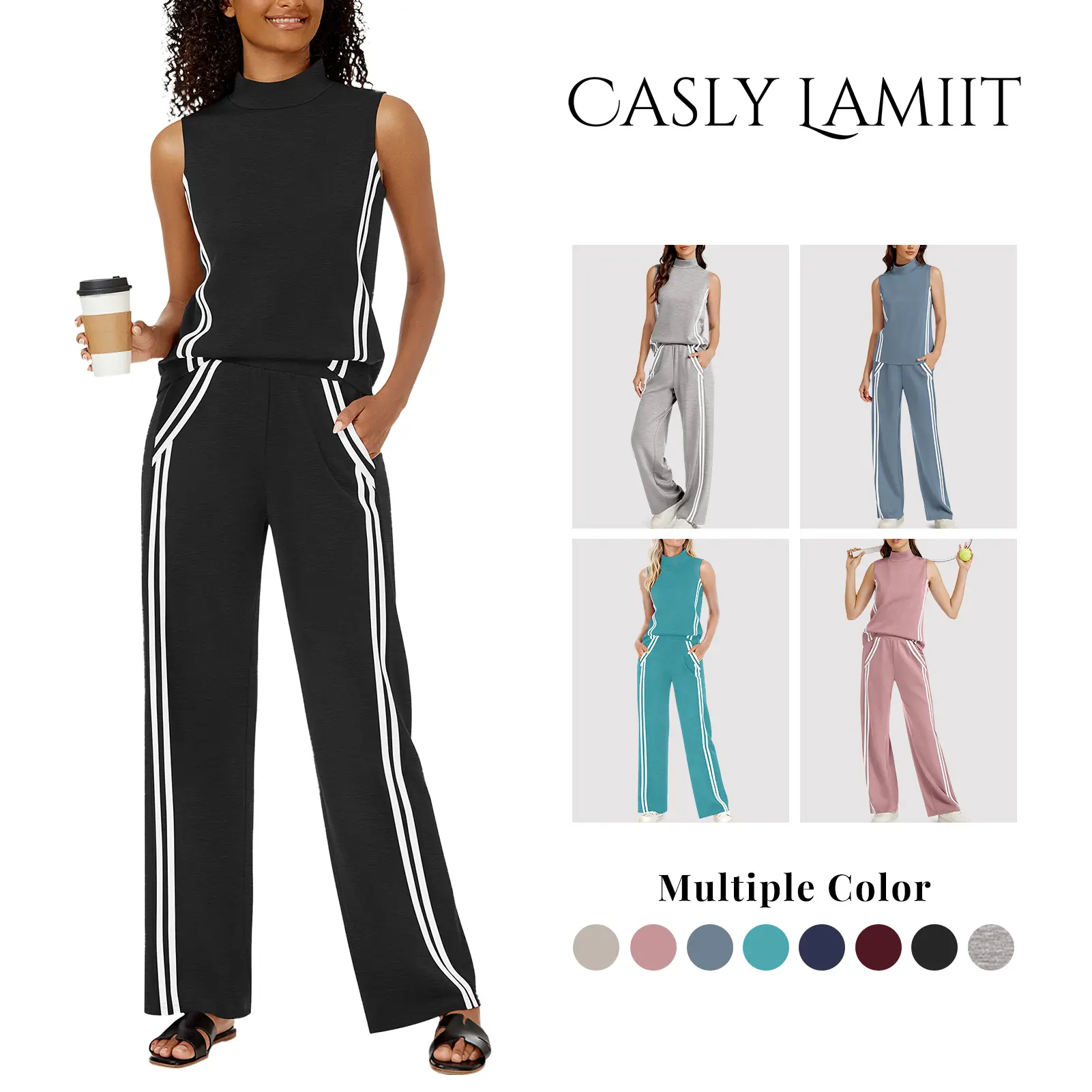 Casly Lamiit Women's Fitted 2-Pcs Set - Mock Neck Sleeveless Tank Top & Wide Leg Pocket Pants, Minimalist Striped, Light Silky Trendy Clothing Set, Basic Casual Wear for Travel, Party (Tops for Women), Lady, Clothes,travel essentials,camping essentials so