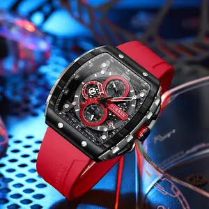 Chronograph Quartz Watch for Men Fashion. Silicone Strap Tonneau Dial Wristwatch. Waterproof