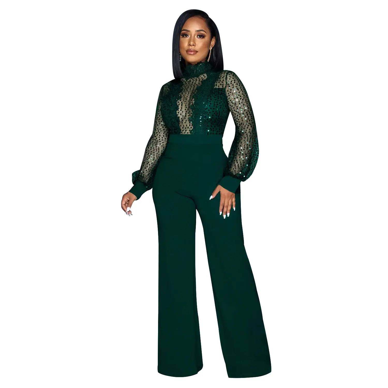 Women's  Sequin Mesh High  Neck Jumpsuit Long Sleeve Sheer Bodice with Wide  Leg Trousers  suit