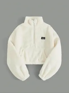 Women's Half-Zip Fleece Warm Fitted Sweatshirt, Letter Patch Design, Long Sleeve Top for Autumn/winter, Cozy Winter Clothing N74, Womenswear