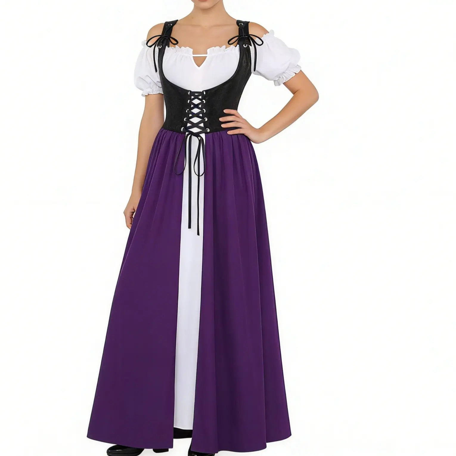 Rgothic Women's Plus Size Polyester A-Line Puff Sleeve Gothic Corset Dress - V-Notch Lace-Up, Ruched Layered Patchwork, Flattering Fit Corseted Casual Dress for Halloween-Themed Events, Fall Cocktail Costumes, Corseted Casual Dresses