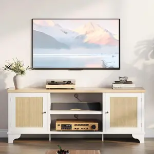 Garvee Rattan TV Stand for Living Room - Modern Entertainment Center for 70 Inch TV, Boho Media Console Table with Storage in White, Stylish and Functional Furniture Piece