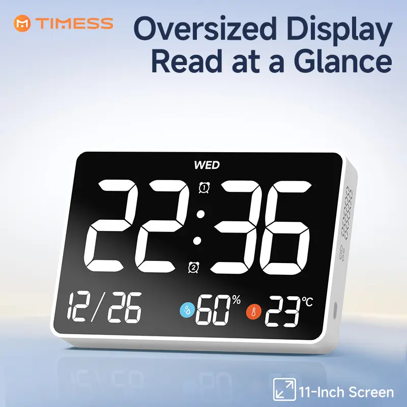 TIMESS New Multifunctional LED Alarm Clock with Bluetooth, 11-Inch Large Digital Screen with Big Numbers, Temperature & Humidity Display, Date Reminder, Timer Function, 3-Level Backlight, USB Powered, For Bedroom, Living Room, Office