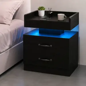 Bedside Table with LED Lights ,Modern Black Nightstand featuring a Built-in Charging Station, LED Lighting, and Drawers,Bedroom Side Table Tablefeaturing 16 Adjustable Light Colors, Bedside Table