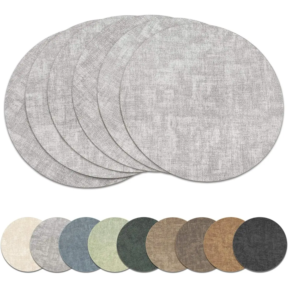 Round Placemats Set of 6, Reversible Faux Leather Heat Resistant Table Mats, 100% Waterproof Oilproof Wipeable Table Protective Placemats For Vinyl, Washable for Indoor & Outdoor Use (6, Light Grey)