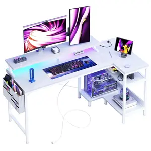 40IN to 48IN L Shaped with Storage Shelves Computer Desk Gaming Wood Table with USB Charging Ports LED Lights for Office