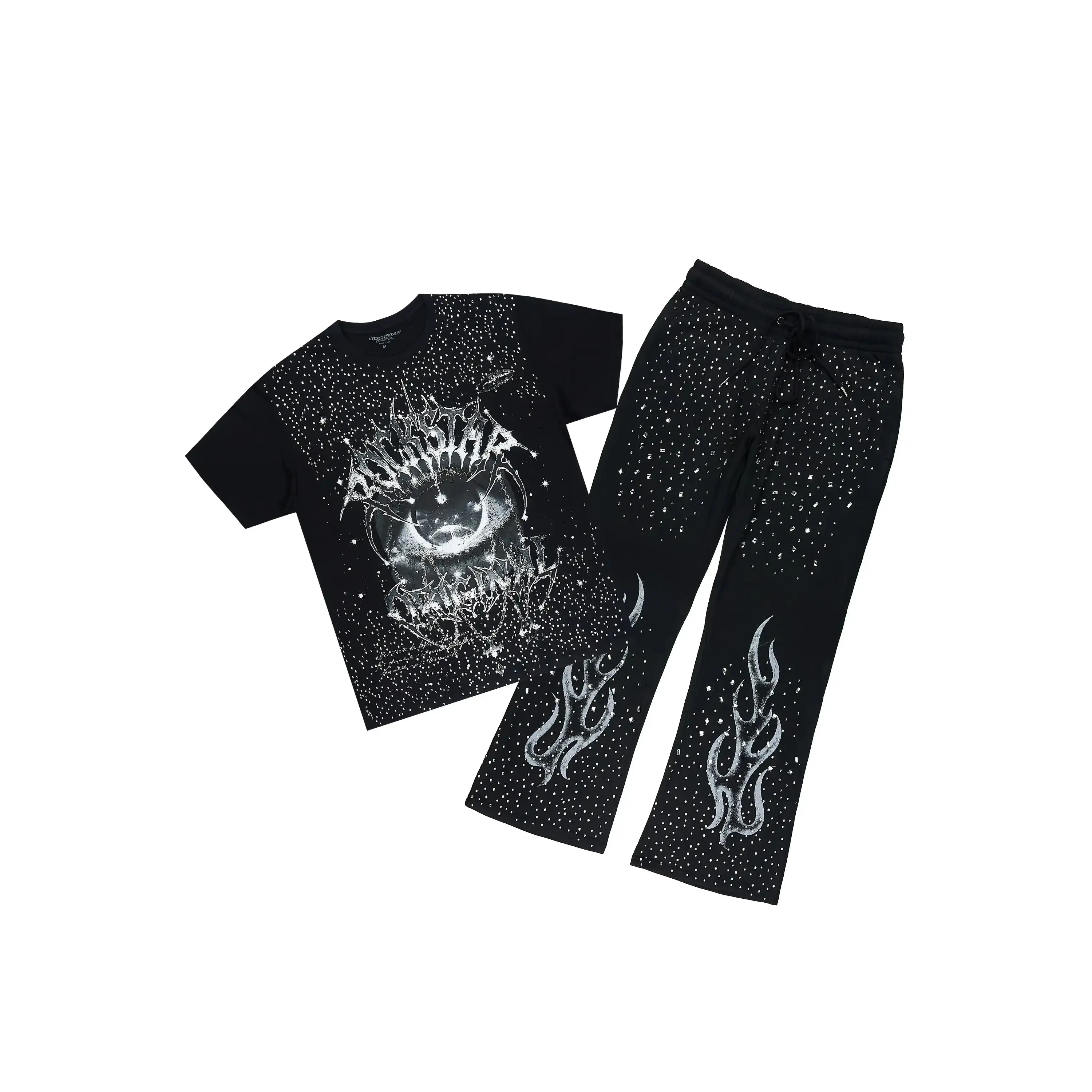 Malykz Black/Black Rhinestone T-shirt/Stacked Flare Track Pant Set Malykz Black/Black Rhinestone T-shirt/Stacked Flare Track Pant Set