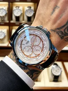 Men's Business Quartz Watch, Metal Case with World Time Bezel, Leather Strap, Waterproof, Lux Gift Box, Precision and Stability