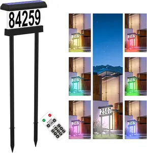 Double Side Solar Address Numbers, Lighted House Numbers for Outside,  RGBW Color Changing Remote Control, Led Illuminated Solar Address Sign with Stakes for Garden Street  Yard