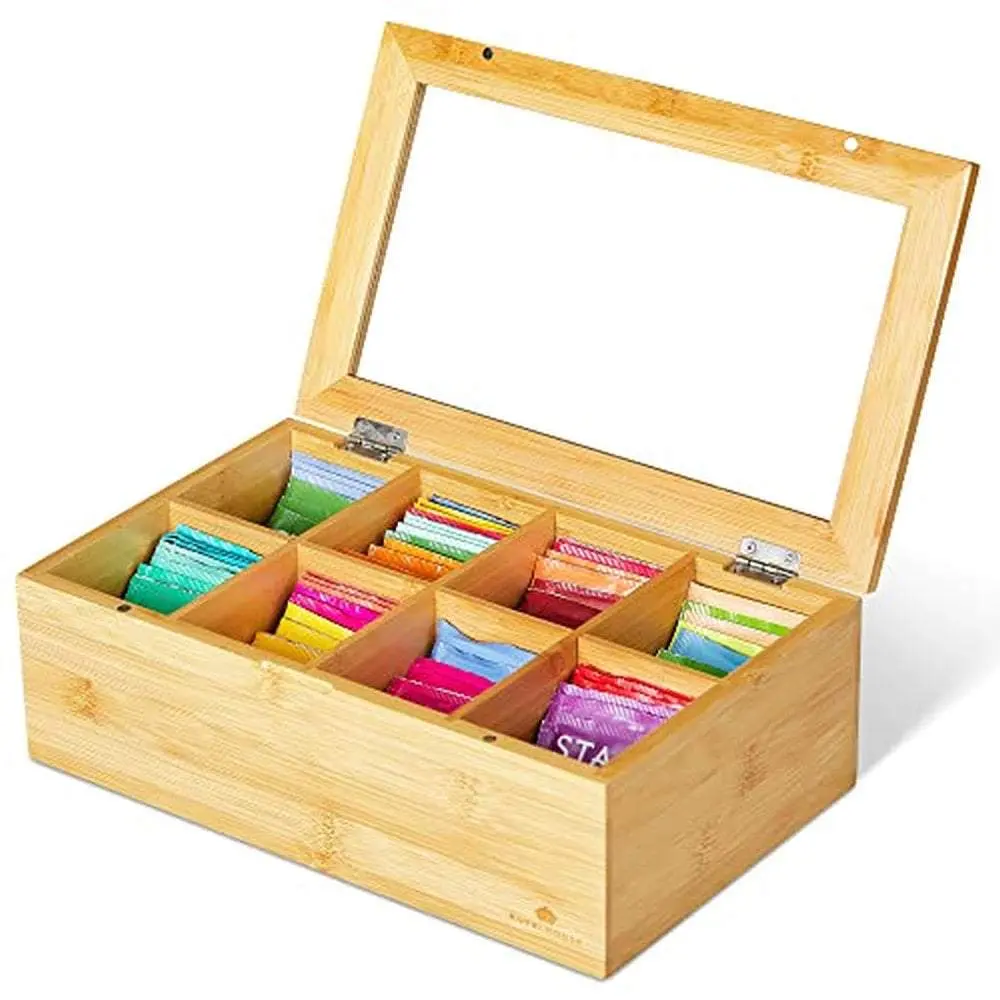 Tea Lovers! Big Natural Bamboo Tea Box Keep Tea Bags Fresh and Organized