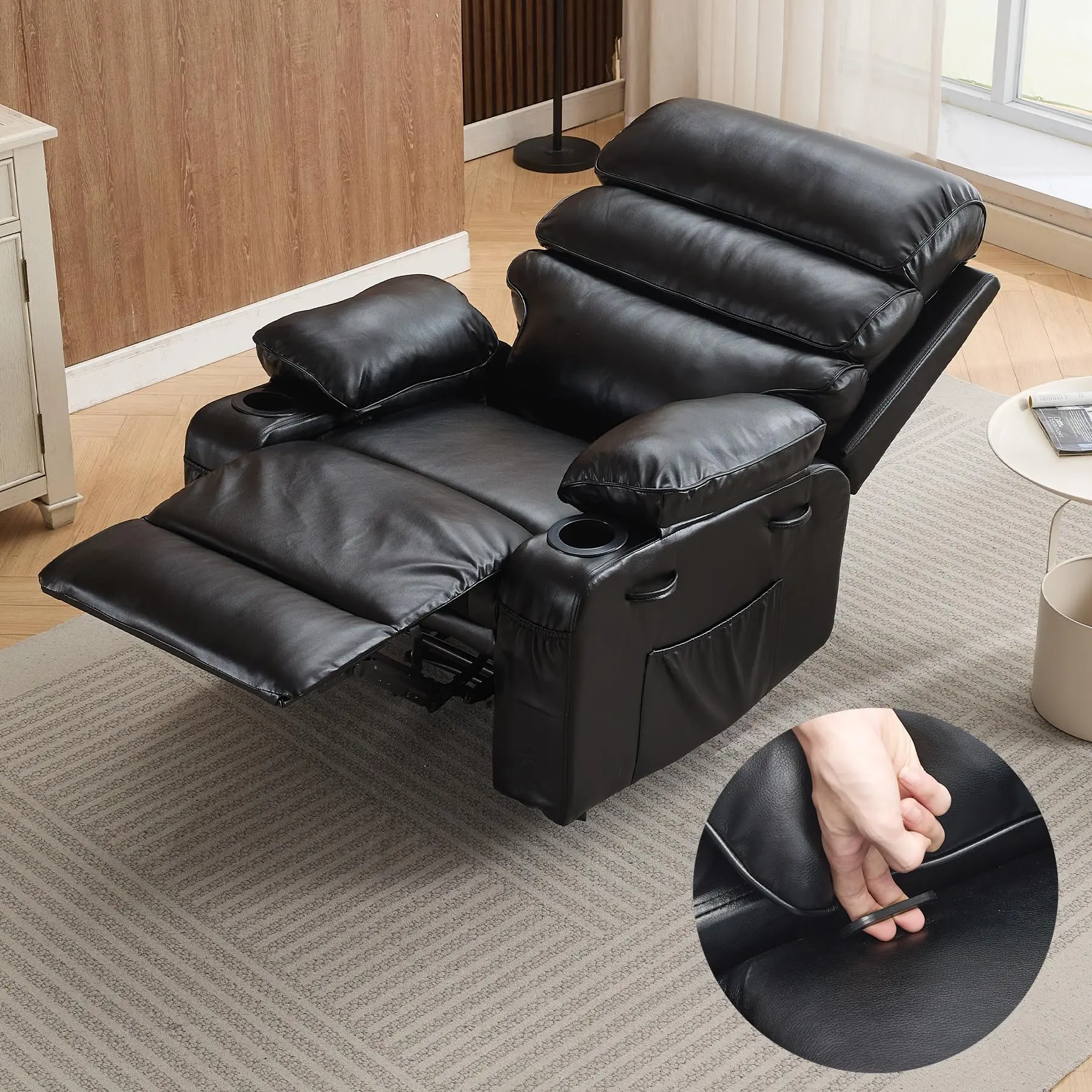 Adult Extra-Wide Black Faux Leather Manual Lay-Flat Recliner - Large Size Durable Lazy Chair with Vibratable Massage, Heating, 1.5X Sponge Comfort Arm & Back for Living Room, Bedroom (Black Leather Recliners), Faux Leather Recliners